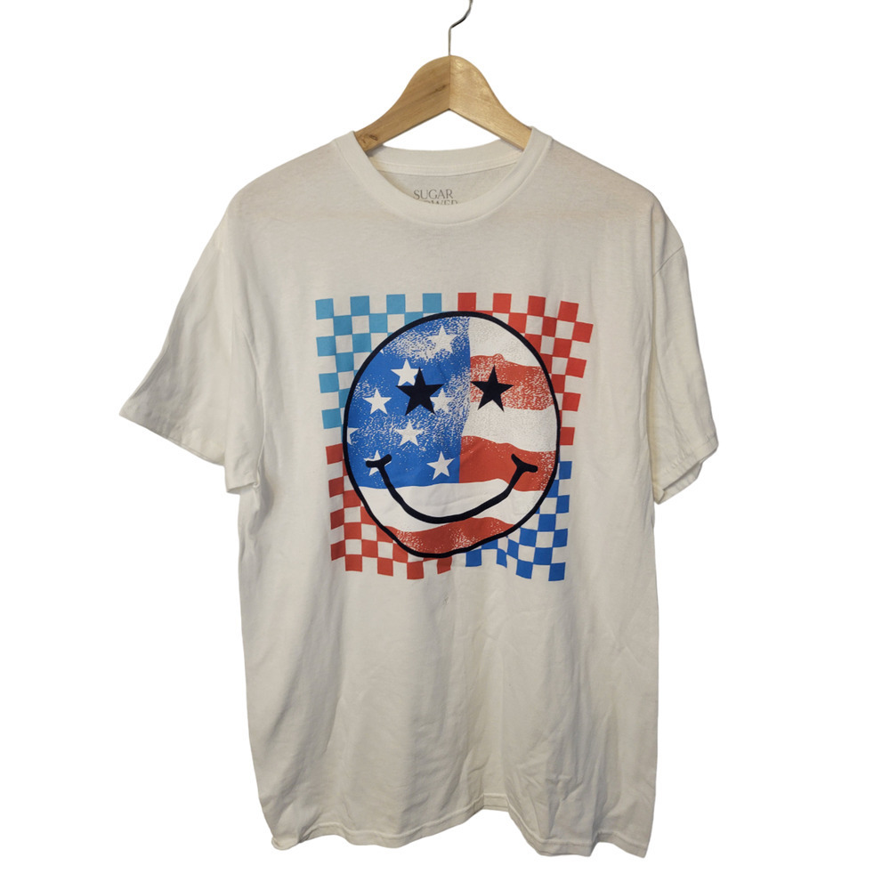 Sugar Flower White USA Smiley Patriotic Tee Short Sleeve Men's T-shirt Size L